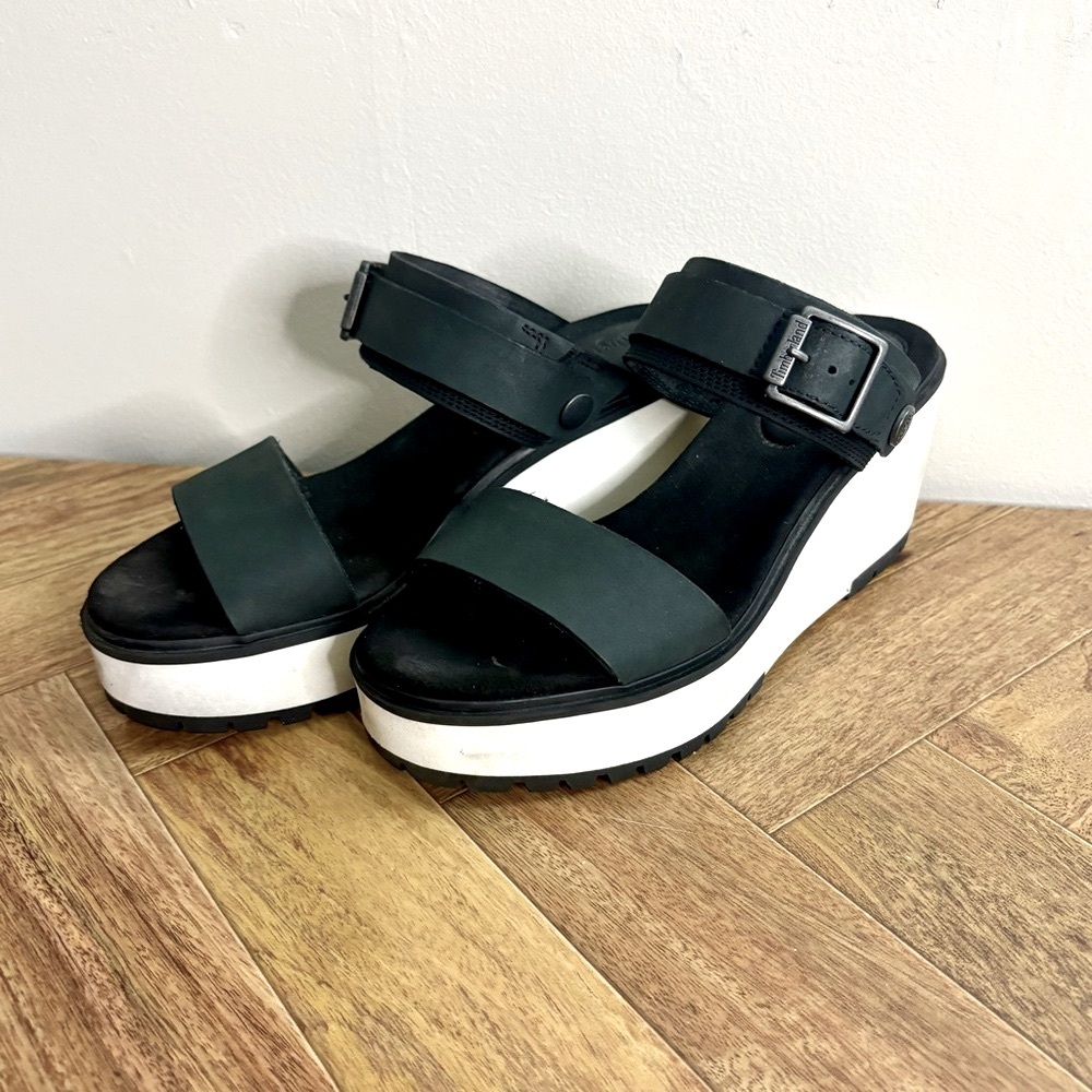 Timberland Women’s 9.5 Black White Wedge Sandals Adjustable shoes open toe